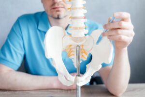Male doctor's hand pointing at the sacroiliac joint on skeleton spine model close-up, physiotherapist pointing at spine model in the clinic